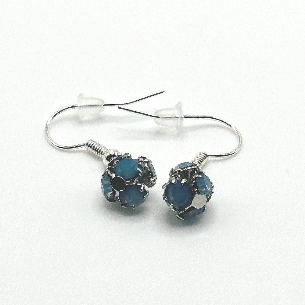 Silver Overlay Blue Made with Swarovski Crystals Drop Earrings Dangle Fish Hook